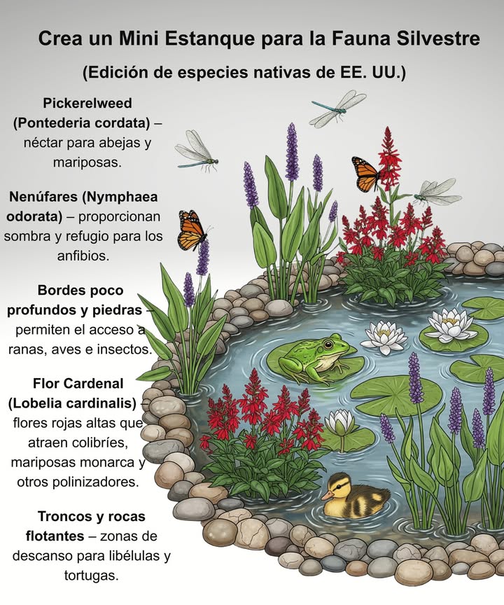 Incluso un estanque pequeño puede convertir tu jardín en un hábitat lleno de vida!
Zonas: 49

 Bordes poco profundos y piedras  lugares seguros para que las aves beban y se bañen
 Troncos y rocas flotantes  plataformas de descanso para libélulas y tortugas
 Pontederia Pickerelweed  néctar para abejas y mariposas
 Flor cardinal Lobelia cardinalis  irresistible para los colibríes
 Nenúfares Nymphaea  sombra y refugio para ranas y vida acuática

 Un estanque atrae aves, polinizadores, anfibios y mucho más: tu jardín se transforma en un verdadero oasis. 曆
