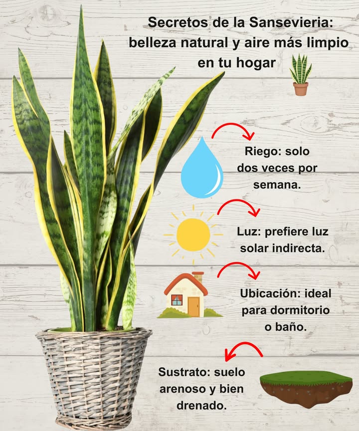 Secretos de la Sansevieria: belleza natural y aire más limpio en tu hogar 1 Riego: solo dos veces por semana. 2 Luz: prefiere luz solar indirecta. 3 Ubicación: ideal para dormitorio o baño. 4 Sustrato: suelo arenoso y bien drenado. Resistente, elegante y purificadora del aire, la Sansevieria aporta frescura y equilibrio a cualquier rincón del hogar.