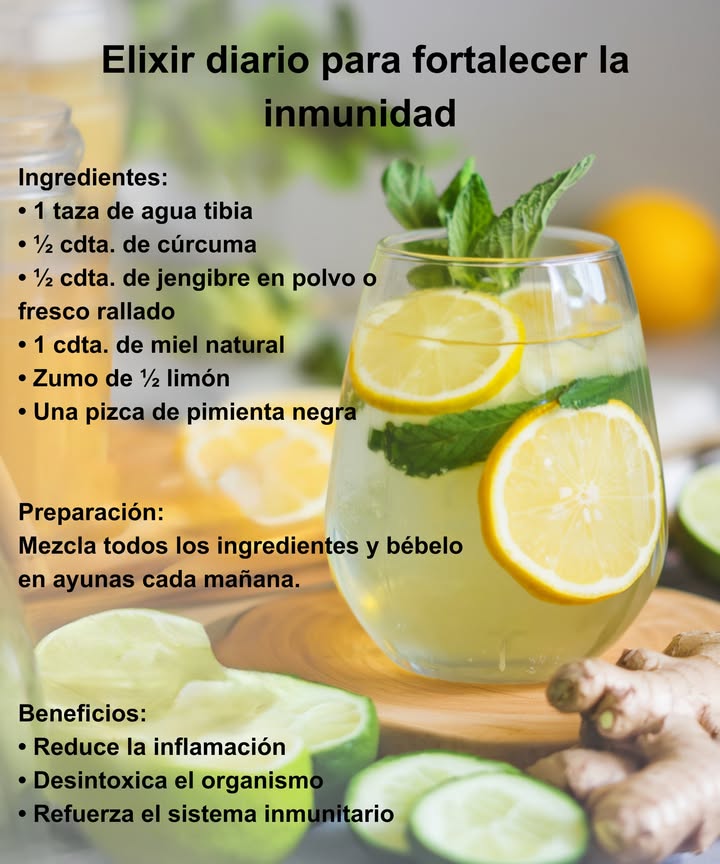 Elixir diario para fortalecer la inmunidad Ingredientes: 1 taza de agua tibia cdta. de cúrcuma cdta. de jengibre en polvo o fresco rallado 1 cdta. de miel natural Zumo de limón Una pizca de pimienta negra Preparación: Mezcla todos los ingredientes y bébelo en ayunas cada mañana. Beneficios: Reduce la inflamación Desintoxica el organismo Refuerza el sistema inmunitario