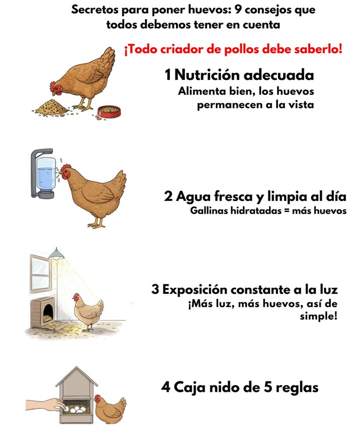 Cómo mantener a tus gallinas poniendo huevos regularmente: 9 consejos simples

Alimentación balanceada: Asegúrate de que tus gallinas tengan una dieta rica en calcio, proteínas, vitaminas y minerales para mantener la producción de huevos constante.

Evitar el estrés: El estrés puede reducir la puesta de huevos. Protege a las gallinas de depredadores como gatos, mapaches y halcones para que se sientan seguras.

Suficiente luz solar: La exposición diaria al sol equilibra su ritmo circadiano y estimula las hormonas que regulan la producción de huevos.

Incorporar gallinas jóvenes: Las gallinas mayores ponen menos huevos. Introducir gallinas jóvenes de 18-20 semanas ayuda a mantener una producción estable.

Espacio para moverse: Permitir que las gallinas deambulen libremente reduce el estrés y mejora la producción de huevos.

Mantener la limpieza: Un ambiente limpio en el gallinero o el jardín previene enfermedades e infecciones que pueden afectar la puesta de huevos.

Luz artificial en invierno: Si hay poca luz natural, usa iluminación artificial en el gallinero durante 10-12 horas al día para mantener la producción.

Asegurar suficiente calcio: Proporciona calcio regularmente, como con conchas de ostras trituradas, para fortalecer los huevos y evitar deficiencias.

Agua fresca siempre: Nunca prives a las gallinas de agua, ya que es clave para su salud y una producción constante de huevos.