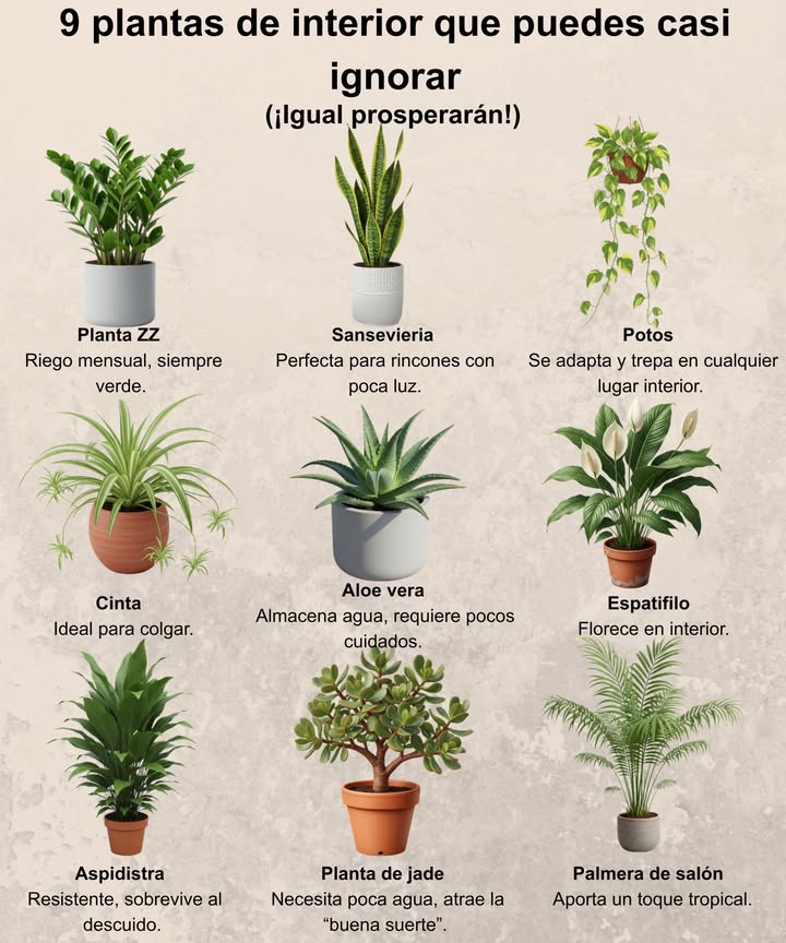 Estas 9 plantas de interior prácticamente se cuidan solas 

Planta ZZ  Riego mensual, siempre verde  Zonas 911

Sansevieria  Ideal para rincones con poca luz  Zonas 911

Potos  Trepa en cualquier espacio interior  Zonas 1012

Cinta  Perfecta para colgar  Zonas 911

Aloe vera  Almacena agua, requiere pocos cuidados  Zonas 911

Lirio de la paz  Florece en interiores  Zonas 1112

Aspidistra  Resistente, prospera con poco cuidado  Zonas 711

Planta de jade  Poco riego, símbolo de buena suerte  Zonas 1011

Palma de salón  Aporta verdor tropical  Zonas 1011

 En interiores prosperan en cualquier lugar: perfectas para principiantes o personas olvidadizas con las plantas.