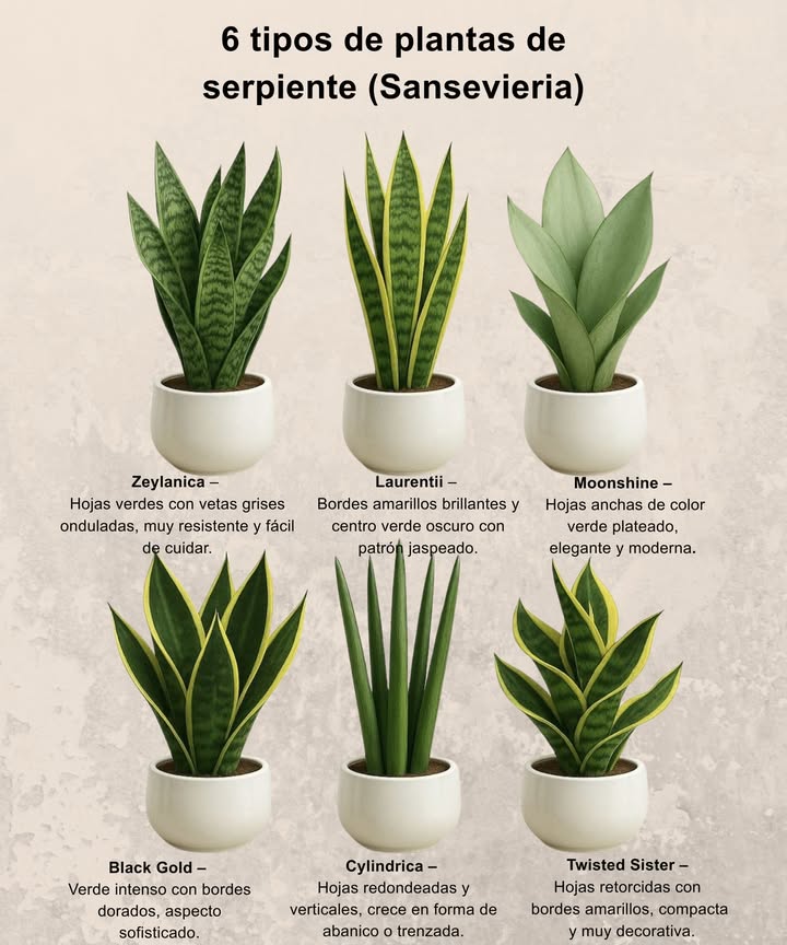 6 tipos de plantas de serpiente Sansevieria

 Zeylanica  Hojas verdes con vetas grises onduladas, muy resistente y fácil de cuidar.
 Laurentii  Bordes amarillos brillantes y centro verde oscuro con patrón jaspeado.
 Moonshine  Hojas anchas verde plateado, elegante y moderna.
 Black Gold  Verde intenso con bordes dorados, aspecto sofisticado.
 Cylindrica  Hojas redondeadas y verticales, crece en abanico o trenzada.
 Twisted Sister  Hojas retorcidas con bordes amarillos, compacta y muy decorativa.