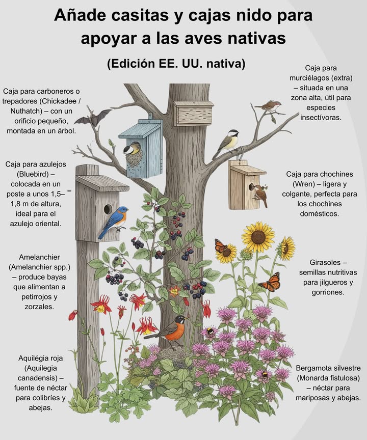 Lugares de anidación seguros que además aportan belleza y vida a tu jardín. Zonas: 49 adaptable con árboles y arbustos locales. Caja para azulejos montada sobre un poste, perfecta para los Eastern Bluebirds. Caja para carboneros colocada en un árbol, ideal para Chickadees y Nuthatches. Caja para reyezuelos colgada de una rama, muy apreciada por los House Wrens. Caja para murciélagos extra ayuda a los murciélagos que comen miles de insectos cada noche. Amelanchier guillomo bayas nativas para petirrojos y otras aves frugívoras. Aquilégia roja Columbina roja fuente de néctar para colibríes y polinizadores. Girasoles cabezas llenas de semillas para jilgueros y gorriones. Bergamota silvestre flores que alimentan mariposas y abejorros. Cajas nido plantas nativas = un jardín lleno de canto, color y polinizadores todo el año. 曆