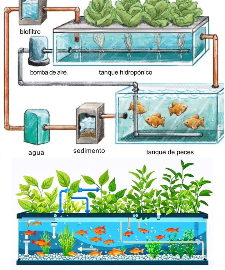 Acuaponia simplificada: tu sistema ecológico en casa Paso 1: Elegir la ubicación Buena luz natural o luces LED para plantas Temperatura estable, sin cambios bruscos Acceso fácil a electricidad y agua Ideal en espacios pequeños con sistemas verticales Paso 2: Preparar la pecera Tanque de 100200 gal para principiantes Material seguro: plástico alimentario, vidrio o fibra de vidrio Base firme y nivelada Peces resistentes como tilapia, bagre, carpa koi o pez dorado Paso 3: Instalar la cama de cultivo Colócala sobre la pecera para aprovechar la gravedad 直 Medio filtrante: arcilla expandida, grava o roca de lava Ocupa la mitad del tanque, con al menos 30 cm de profundidad Paso 4: Conectar la bomba de agua Circulación completa cada hora Tuberías para subir y devolver el agua Batería o energía solar como respaldo ante cortes Paso 5: Establecer el ciclo 裂 Bacterias nitrificantes convierten desechos en nutrientes Ciclo sin peces de 46 semanas con fuente de amoníaco Luego, introducir pocos peces resistentes y vigilar el sistema Temperatura óptima para bacterias: 2530 C Paso 6: Incorporar peces y plantas Aclimatar los peces gradualmente Cultivos ideales: lechuga, espinaca, repollo, tomates, hierbas, pimientos y fresas Espaciar las plantas para un crecimiento sano y aireado Paso 7: Mantener el sistema Controlar pH 6.87.2, amoníaco, nitritos y nitratos Alimentar con moderación y retirar restos Podar para evitar exceso de follaje 粒 Revisar bomba, tuberías y limpieza del lecho Cosechar con frecuencia para mantener el equilibrio Beneficios de la acuaponia Sistema autosostenible y sin desperdicio Reutiliza nutrientes para un crecimiento natural Produce peces y vegetales frescos al mismo tiempo Cultivar y criar en casa, de forma ecológica y armoniosa con la naturaleza.