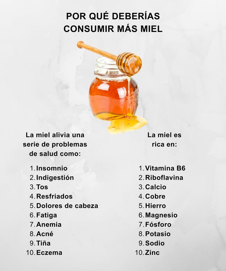 Un toque de miel puede aportar bienestar natural a tu día
 La miel calma la garganta y aporta suavidad en días fríos
 Su dulzor natural ayuda a relajarte y desconectar antes de dormir
 Aporta energía ligera para momentos de cansancio
 Suaviza molestias digestivas ocasionales gracias a su textura
 Contribuye al cuidado de la piel desde dentro por su contenido en micronutrientes

 La miel contiene pequeñas cantidades de nutrientes como:
 Vitamina B6
 Riboflavina
 Calcio
 Cobre
 Hierro
 Magnesio
 Fósforo
 Potasio
 Sodio
 Zinc

 Un ingrediente sencillo, natural y reconfortante para tus rutinas diarias