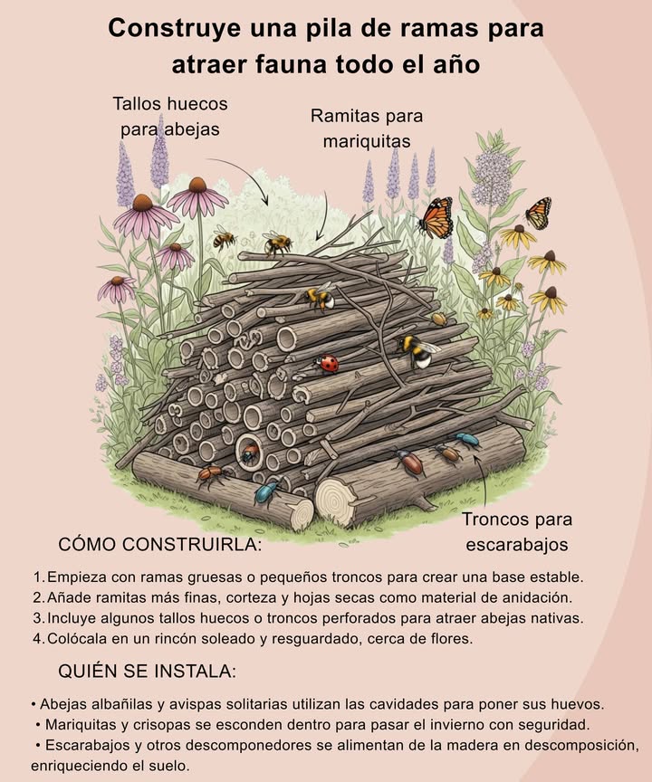 蝹 Crea una pila de ramas para vida silvestre todo el año
Construye un hábitat lleno de vida para polinizadores, aves y pequeños mamíferos:

 Coloca troncos grandes en la base para formar túneles y refugios.
 Añade encima ramas pequeñas, palitos, hojas y corteza.
 Ubícala cerca de plantas con flor para un acceso fácil al alimento.
 Deja que enredaderas o arbustos nativos crezcan alrededor para ofrecer más cobertura.
 Revisa ocasionalmente por seguridad; retira madera tratada o pintada.

 Esta estructura apoya insectos, abejas, aves y pequeños mamíferos durante todas las estaciones, proporcionando alimento y refugio durante todo el año.

Consejo: usa madera natural sin tratar y mantenla alejada de construcciones para evitar riesgos de incendio.