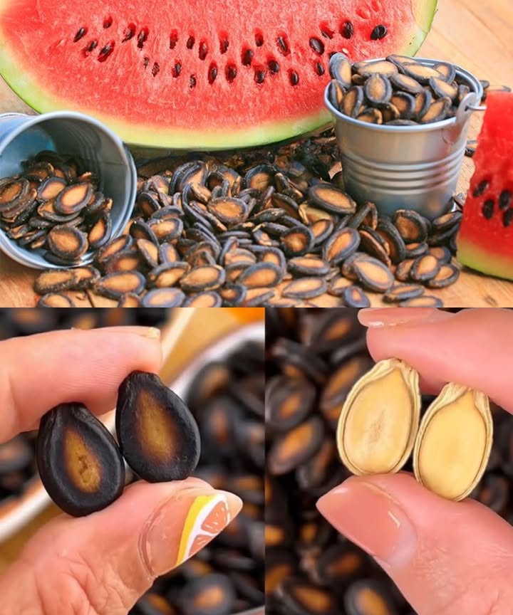 Semillas de sandía: pequeñas pero poderosas 

No las deseches: están llenas de nutrientes que apoyan todo el organismo.
 20 principales beneficios
 Salud renal: limpieza natural de los riñones
 Diurético natural: ayuda a eliminar toxinas
 Mejora la digestión y reduce la hinchazón
 Energía duradera: proteínas y grasas saludables
 Ricas en magnesio: fortalecen músculos, corazón y sistema nervioso
 Piel sana: antioxidantes que protegen y purifican
 Corazón fuerte: grasas buenas y magnesio
 Contribuyen al control del azúcar en sangre
 Favorecen el crecimiento del cabello
 Zinc: refuerzo inmunitario y cicatrización
 Reducen inflamación y dolor
 Mejoran la fertilidad masculina
 Ayudan a mantener un peso equilibrado
 Fortalecen los huesos
 Estimulan las funciones cerebrales y la claridad mental
 Ricas en aminoácidos
 Mantienen la presión arterial estable
 Activan el metabolismo
 Reducen el colesterol malo
 Apoyan la salud del hígado

籠 Formas de utilizar las semillas de sandía
1 Infusión de semillas
 12 cucharadas de semillas secas
 23 tazas de agua
 Hervir 1015 min, colar y beber 1 taza al día en clima cálido
2 Semillas tostadas
 Enjuagar y secar
 Hornear a 160 C durante 1015 min
 Snack crujiente y nutritivo
 Opcional: sal, aceite de oliva o especias
3 Polvo de semillas para smoothies o avena
 Secar bien y moler finamente
 Añadir 1 cucharadita a batidos, yogur o avena
 Mezclar con miel para un extra de energía
4 Aceite de semillas de sandía
 Macerar semillas secas en aceite de oliva o coco 710 días
 Hidratación para piel y labios
 Masaje capilar para fortalecer el cabello
5 Potenciador para smoothies
 Triturar las semillas o usar el polvo
 Añadir a jugos, bebidas vegetales o smoothies
 Más nutrientes y sensación de saciedad

 Pequeñas semillas, grandes beneficios
Perfectas para mantener energía, hidratación y frescura durante todo el verano.

 Precaución
En caso de problemas renales o tratamientos médicos, consulta a un profesional de la salud antes de un uso regular.