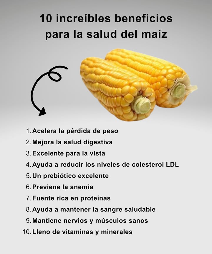10 increíbles beneficios del maíz para tu salud 

 Acelera la pérdida de peso
 Mejora la salud digestiva
 Cuida la vista gracias a sus carotenoides
 Ayuda a reducir el colesterol LDL
 Funciona como prebiótico natural
 Previene la anemia
 Buena fuente de proteínas vegetales
 Contribuye a mantener la sangre saludable
 Fortalece nervios y músculos
 Lleno de vitaminas y minerales esenciales