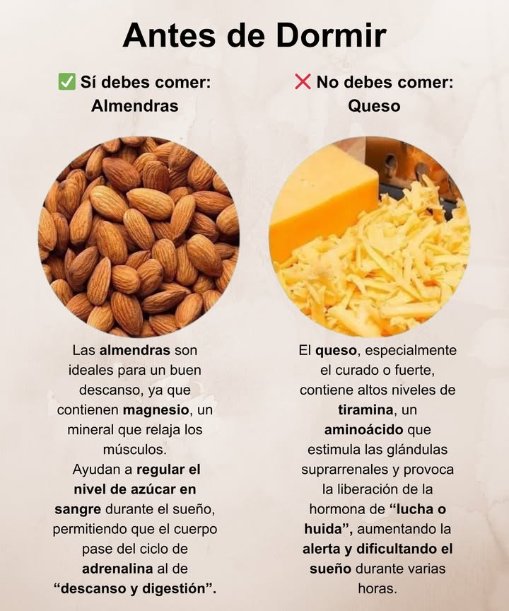 Qué comer antes de dormir para un descanso reparador

 Come: Almendras
Ricas en magnesio, ayudan a relajar los músculos y a regular el azúcar en sangre durante el sueño. Favorecen el paso natural del cuerpo del modo alerta al de descanso y digestión.
 Evita: Queso
Especialmente el curado o fuerte, contiene tiamina, un aminoácido que estimula las glándulas suprarrenales y provoca un estado de alerta que interfiere con el sueño durante horas.

 Pequeños cambios en la cena pueden mejorar tu descanso de forma natural.