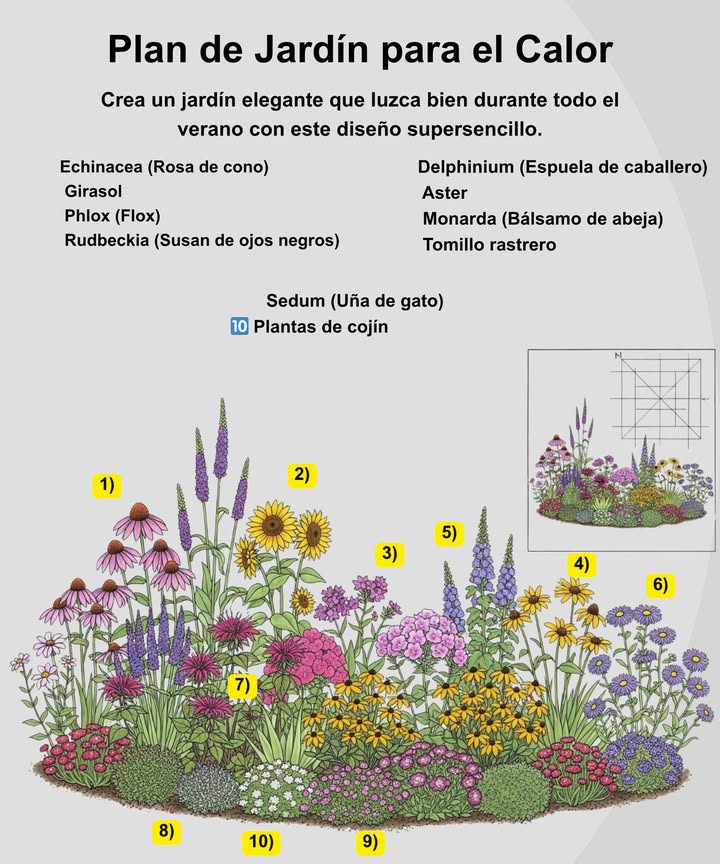 Plan de Jardín Amante del Calor 
Este diseño prospera en veranos calurosos y mantiene el color durante toda la temporada.
Perfecto para las zonas 411, con una mezcla de flores llamativas y favoritas de los polinizadores. 曆