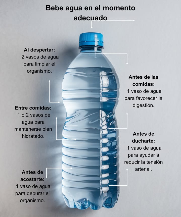 Bebe agua en el momento adecuado 

Mantener una adecuada hidratación potencia tu energía, mejora la digestión y favorece tu bienestar general. Beber agua en momentos específicos maximiza sus beneficios para el organismo.

 Al despertar: 2 vasos de agua para limpiar el cuerpo.
 Antes de las comidas: 1 vaso de agua para facilitar la digestión.
 Entre comidas: 1 o 2 vasos de agua para mantenerte bien hidratado.
 Antes de la ducha: 1 vaso de agua para ayudar a reducir la tensión arterial.
 Antes de dormir: 1 vaso de agua para depurar el organismo.

Hidratarte de forma consciente es un gesto simple que transforma tu salud día tras día. 
#HidrataciónSaludable #BeberAgua #TransformaTuSalud