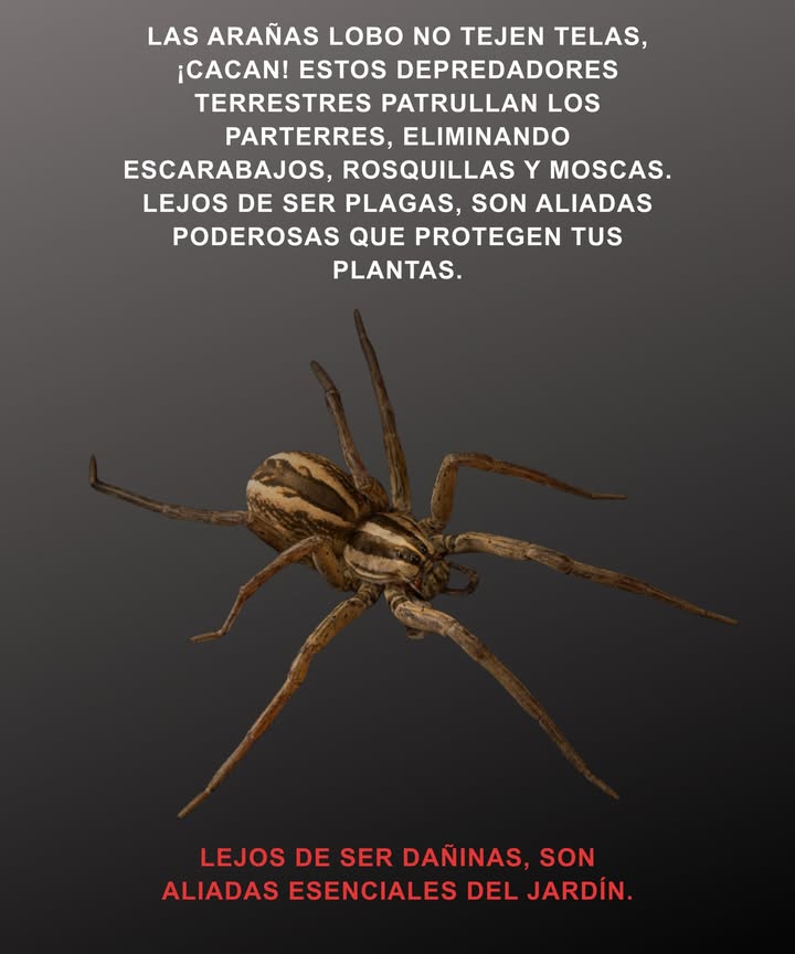 Las arañas lobo no tejen telarañas: cazan a pie. 
Patrullan los bancales del jardín y se alimentan de escarabajos, moscas y gusanos cortadores.
Protegen las plantas de forma natural contra las plagas. 
Lejos de ser dañinas, son aliadas esenciales del jardín.