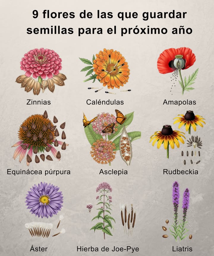 9 flores de las que guardar semillas para el próximo año
Recolectar semillas ahora significa flores gratis y plantas más fuertes la próxima temporada.

 Zinnias  Fáciles de conservar, anuales muy coloridas.
 Caléndulas  Flores que repelen plagas, se resiembran con facilidad.
 Amapolas  Icónicas, se autosiembran sin esfuerzo.
 Equinácea Echinacea  Larga floración, favorita de los polinizadores.
 Algodoncillo Asclepias  Esencial para las mariposas monarca.
 Rudbeckia Susanita de ojos negros  Resistentes, tipo margarita.
 Áster  Fuente de néctar de fin de temporada.
 Hierba de Joe-Pye  Racimos altos, imán para mariposas.
 Liatris Liatris spicata  Espigas llamativas, vital para los polinizadores.

 Seca bien las semillas, guárdalas en un sobre fresco y etiquetado, y estarán listas para sembrar en primavera.

#GuardadoDeSemillas #JardínPolinizador #FloresSilvestres