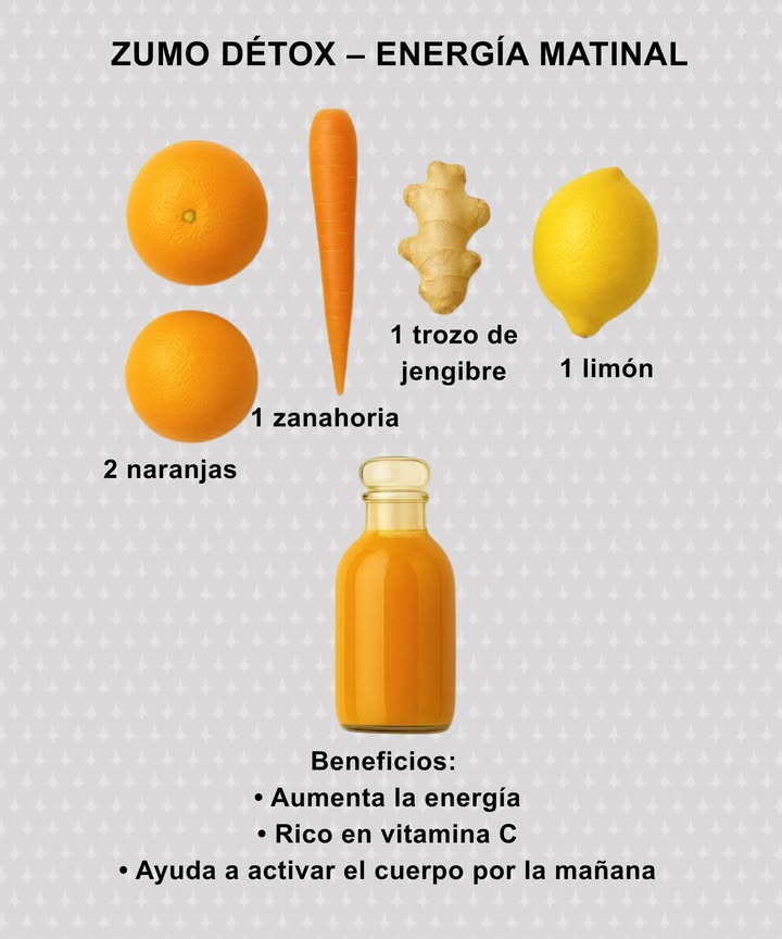Zumo détox para empezar el día con energía
Una mezcla fresca que despierta el cuerpo desde la primera hora

2 naranjas
Aporte natural de vitamina C y dulzor equilibrado.

1 zanahoria
Color, antioxidantes y un impulso extra para la piel.

1 trozo de jengibre
Toque picante que activa el metabolismo.

1 limón
Refresco cítrico que revitaliza desde dentro.

Beneficios
Aumenta la energía  Aporta vitamina C  Activa el cuerpo por la mañana

Un comienzo brillante para tus mañanas.