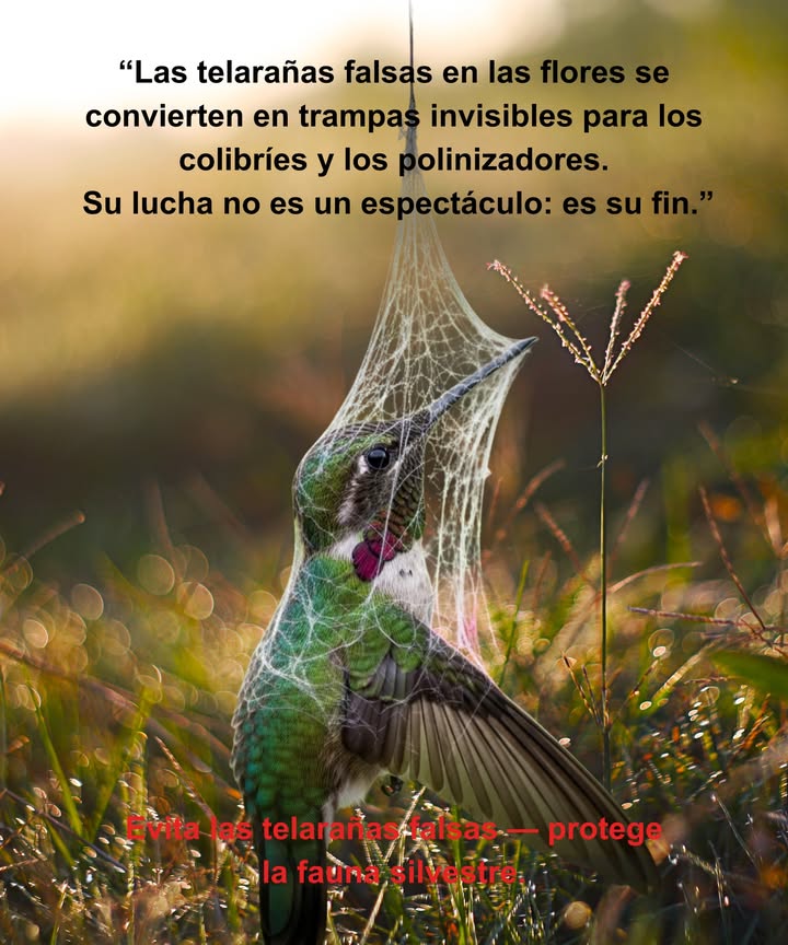 Querías un jardín espeluznante.
Así que cubriste con una telaraña falsa
las flores de las que dependo.
Me acerqué, buscando néctar
y los hilos se cerraron.
No es decoración. Es una trampa.
Mi lucha no es un espectáculo.
Es mi final.