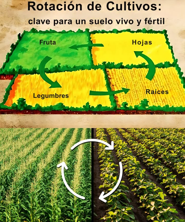 Rotación de Cultivos: clave para un suelo vivo y fértil

La rotación de cultivos alterna distintos tipos de plantas en un mismo terreno a lo largo del tiempo. Esta práctica ancestral mantiene el equilibrio del suelo y favorece cosechas más sanas.

 Cómo se organiza
1 Frutas  Tomate, pimiento, calabacín
2 Hojas  Lechuga, espinaca, remolacha
3 Raíces  Zanahoria, rábano, nabo
4 Legumbres  Frijoles, habas, lentejas

 Beneficios que transforman tu huerto
 Previene el agotamiento del suelo
 Rompe ciclos de plagas y enfermedades
 Mejora la estructura y humedad del terreno
 Fija nitrógeno de forma natural con leguminosas

 Ejemplo de ciclo anual
 Año 1: Legumbres enriquecen el suelo
 Año 2: Hojas aprovechan ese nitrógeno
 Año 3: Frutas aprovechan la fertilidad residual
 Año 4: Raíces airean y regeneran el sustrato

 Consejo esencial
Rotar es renovar: evita repetir el mismo tipo de cultivo en la misma parcela año tras año.