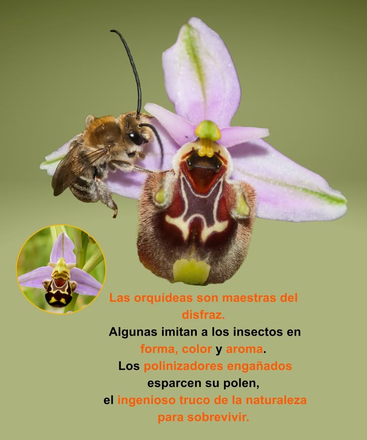 Las orquídeas son de los imitadores más sofisticados de la naturaleza.
Algunas especies imitan la forma, el color y el aroma de los insectos para atraer a sus polinizadores.

Cuando una abeja o avispa desprevenida aterriza, creyendo que se encuentra con una pareja,
la flor transfiere su polen al insecto, asegurando así su reproducción.

Esta forma de mimetismo demuestra lo compleja e inteligente que puede parecer la evolución 
una verdadera obra maestra natural del engaño.