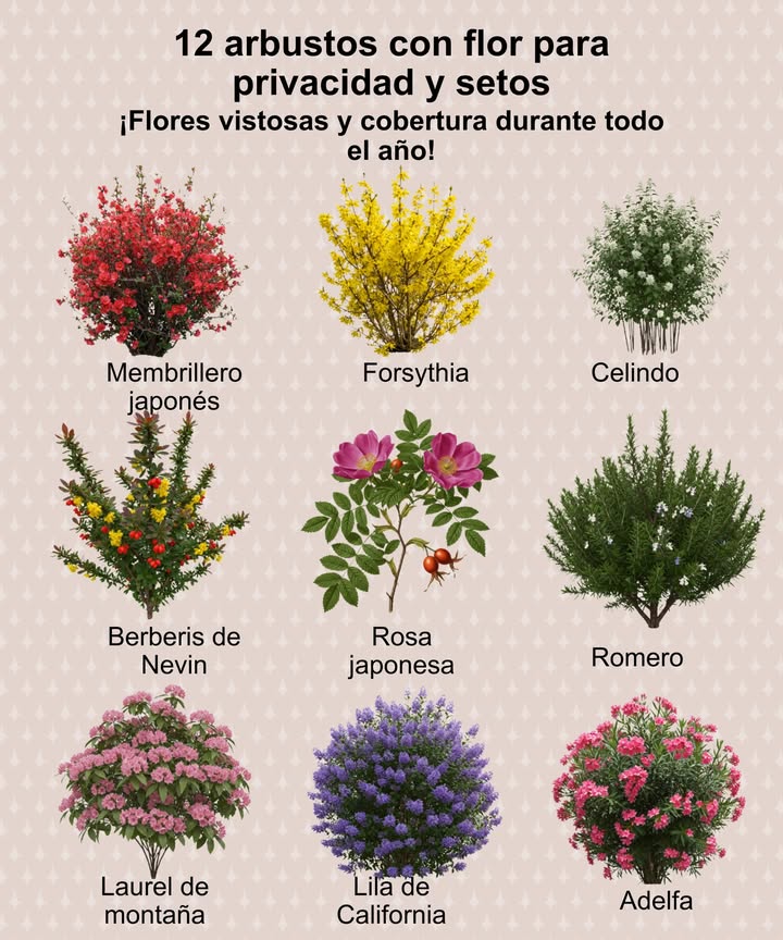 Porque un poco de color hace que hasta los rincones más tranquilos cobren vida. 

 Flores brillantes que también funcionan como pantallas verdes todo el año:
 Membrillero japonés  Zonas 4-9   Sol pleno  semisombra
Flores tempranas en primavera de color rosa, rojo o verde lima.
 Viburno coreano  Zonas 4-8   Sol pleno  semisombra
Racimos fragantes blanco-rosados y bayas rojas en otoño.
 Forsitia  Zonas 5-8   Sol pleno
Flores amarillas doradas que aparecen antes que las hojas.
 Naranjo mexicano Philadelphus / mock orange  Zonas 4-9   Sol pleno  semisombra
Flores blancas con aroma cítrico a finales de primavera.
 Berberis de Nevin  Zonas 5-8   Sol pleno
Arbusto perenne, resistente a ciervos; flores amarillas y bayas rojas.
 Rosa rugosa rosa japonesa  Zonas 2-9   Sol pleno
Arbusto rústico con flores perfumadas y escaramujos comestibles.
 Romero  Zonas 8-11   Sol pleno
Aromático y perenne, con flores azul lavanda.
 Laurel de montaña Kalmia  Zonas 4-9   Semisombra
Perenne con flores rosadas en forma de campana.
 Lila de California Ceanothus  Zonas 7-10   Sol pleno
Flores azul-violeta; tolerante a la sequía.
 Raphiolepis espino indio  Zonas 7-10   Sol pleno  semisombra
Perenne con flores rosadas y bayas invernales.
 Adelfa Nerium oleander  Zonas 8-11   Sol pleno
Perenne con abundantes flores veraniegas.
 Nopal Opuntia  Zonas 7-10   Sol pleno
Cactus arbustivo con flores vistosas y frutos comestibles.