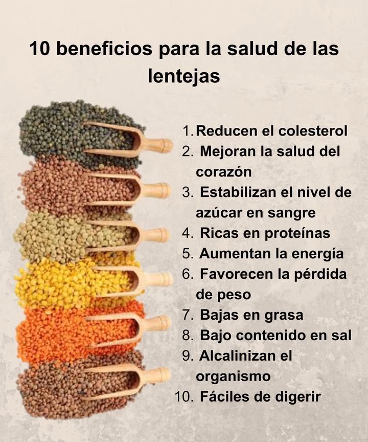 北 10 beneficios para la salud de las lentejas

 Reducen el colesterol  Su fibra soluble ayuda a mantener niveles saludables.

 Mejoran la salud del corazón  Favorecen una buena circulación y reducen la presión arterial.

 Estabilizan el azúcar en sangre  Ideales para controlar la glucosa y prevenir picos.

 Ricas en proteínas  Fuente vegetal perfecta para músculos y tejidos.

 Aumentan la energía  Su hierro y magnesio combaten la fatiga.

 Favorecen la pérdida de peso  Saciantes y bajas en calorías.

 Bajas en grasa  Aliadas de una dieta equilibrada.

 Bajo contenido en sal  Protegen la salud renal y cardiovascular.

 Alcalinizan el organismo  Contribuyen al equilibrio del pH corporal.

 Fáciles de digerir  Su fibra suave mejora la digestión y la flora intestinal.