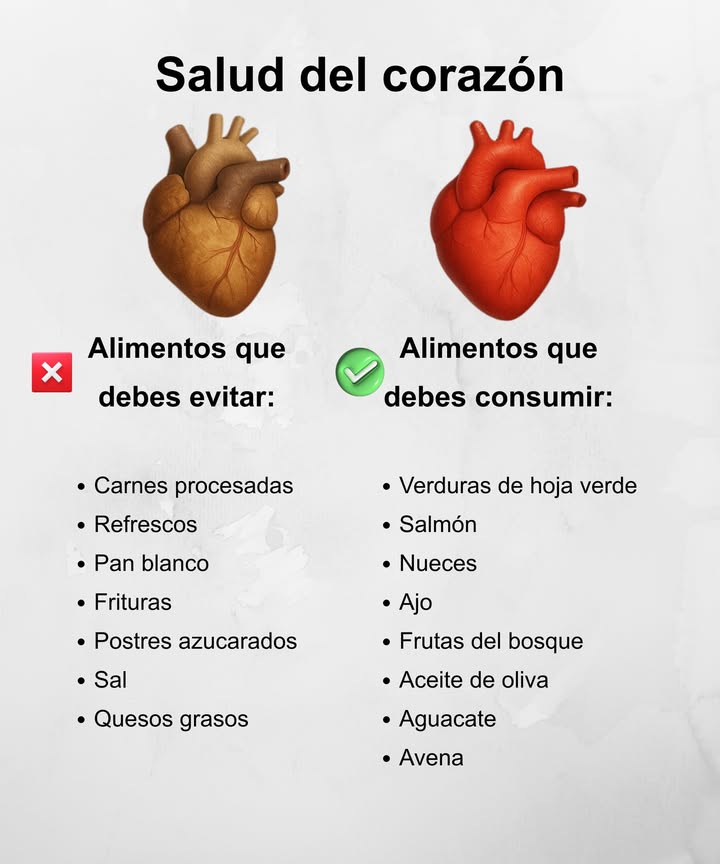 Cuidar la salud del corazón

 Evita:
 Carnes procesadas
 Refrescos y bebidas azucaradas
 Pan blanco y harinas refinadas
 Frituras y grasas trans
 Postres industriales
 Exceso de sal
 Quesos muy grasos

 Incluye en tu dieta:
 Verduras de hoja verde
 Pescados ricos en omega 3 como salmón
 Nueces y almendras
 Ajo fresco
 Frutas del bosque
 Aceite de oliva virgen extra
 Aguacate
 Avena integral