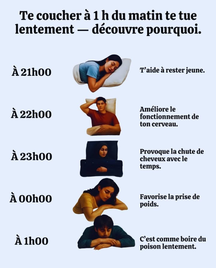 Lheure du coucher influence directement la santé Dormir tôt favorise léquilibre hormonal, la régénération cellulaire et le repos mental. Se coucher tard perturbe le métabolisme, lhumeur et la concentration. Se coucher à 21h00 Favorise la régénération et aide à préserver la jeunesse. Se coucher à 22h00 Stimule les fonctions cérébrales et améliore la mémoire. Se coucher à 23h00 Peut provoquer une chute de cheveux liée à un déséquilibre hormonal. Se coucher à minuit Favorise la prise de poids et dérègle le métabolisme. Se coucher à 1h00 Affecte la fonction cellulaire et accélère le vieillissement. Un rythme de sommeil régulier et un coucher avant 23h00 permettent au corps de mieux se régénérer et de préserver une santé optimale.