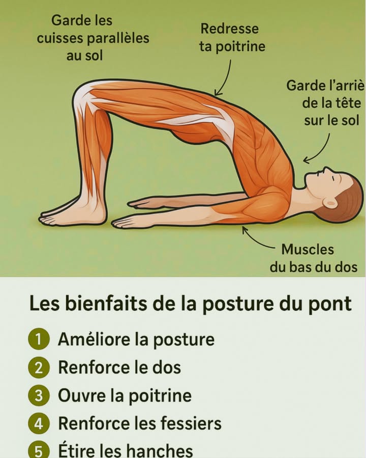 Faire la posture du pont chaque jour pendant quelques minutes peut transformer votre bien-être ! 

Cette position simple renforce le dos, les fessiers et les cuisses, tout en ouvrant la poitrine et en améliorant la respiration.
Elle aide aussi à soulager les douleurs lombaires et à réduire le stress après une longue journée.

 Les bienfaits du bridge pose :
1 Améliore la posture
2 Renforce le dos et les fessiers
3 Étire les hanches
4 Ouvre la poitrine et favorise la respiration
5 Apaise lesprit et détend le corps

 Astuce : tenez la position 30 secondes à 1 minute, respirez profondément et répétez 3 fois.
