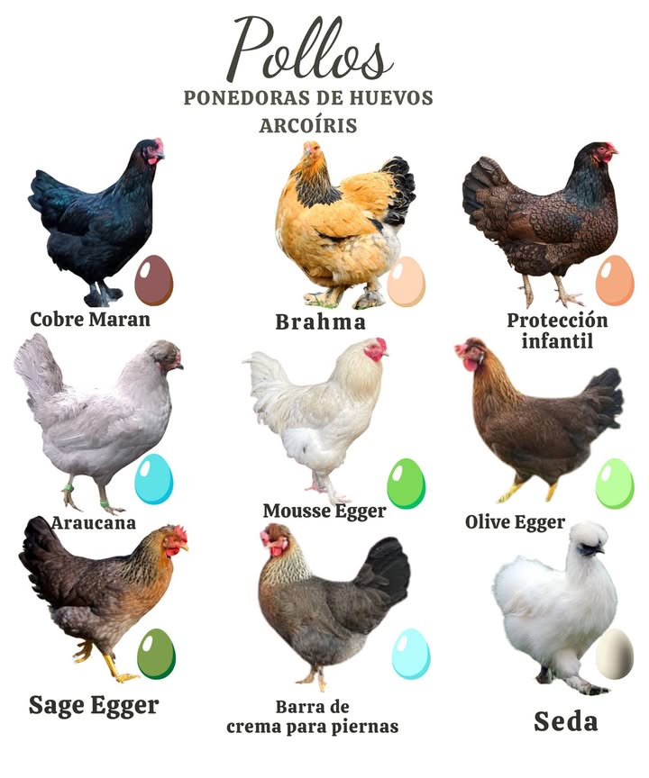 "Diferentes razas ponen huevos de colores variados, que van desde el rico marrón chocolate hasta los suaves azules y verdes. 讀 Ponedoras de huevos marrones: Copper Maran Brahma Barnevelder 讀 Ponedoras de huevos azules y verdes: Araucana Azul Moss Egger Verde Olive Egger Verde oscuro Sage Egger Verde claro Cream Legbar Azul 讀 Ponedoras de huevos blancos: Silkie "Avoir un mélange de ces races vous permettra davoir un joli panier dœufs chaque jour ! 讀