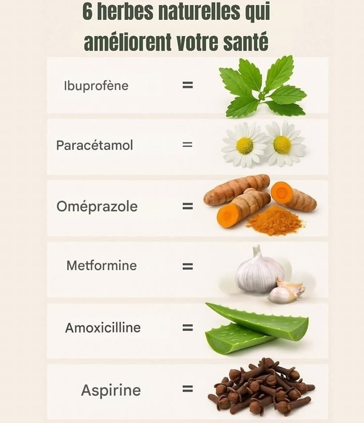 6 herbes naturelles aux super-pouvoirs pour la santé   
Des alliées douces pour compléter vos traitements classiques.  
 Saule blanc : une alternative à libuprofène  
Riche en salicine, il atténue naturellement douleurs et inflammations.  
 Camomille : pour apaiser comme le paracétamol  
Douce et relaxante, elle soulage les petits maux et favorise un meilleur sommeil.  
 Curcuma : efficace contre les brûlures destomac comme loméprazole  
Sa curcumine protège lestomac tout en facilitant la digestion.  
龍 Ail : pour réguler la glycémie tel que la metformine  
Reconnu pour son impact sur le taux de sucre sanguin et la santé cardiaque.  
 Aloe vera : un soutien contre les infections comme lamoxicilline  
Antimicrobien 
 Clou de girofle : une alternative douce à laspirine  
Leugénol quil contient combat douleur et inflammation.  
 Rappel : Ces plantes sont précieuses, mais ne remplacent pas un traitement médical. Consultez toujours un professionnel de santé.