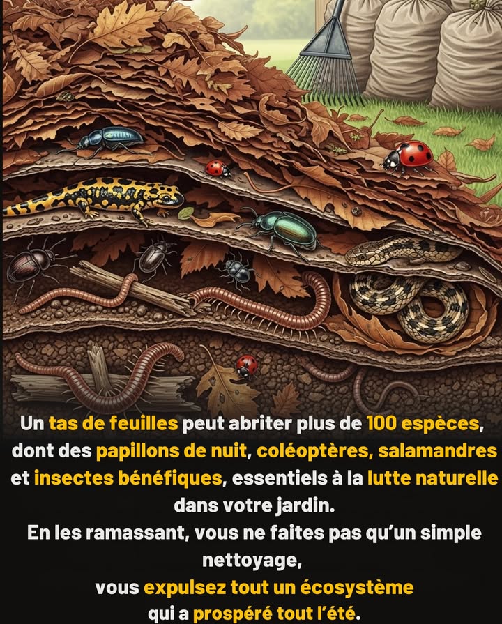 Un tas de feuilles = une ville vivante

Un seul tas de feuilles peut abriter plus de 100 espèces : papillons de nuit, coléoptères, salamandres, vers de terre, mille-pattes, araignées et pollinisateurs qui y trouvent refuge pour lhiver.

 Les enfermer dans des sacs ne revient pas à  faire le ménage   cest expulser un écosystème entier dont dépend votre jardin pour la pollinisation, la santé du sol et la régulation naturelle des nuisibles.

 Laissez les feuilles au sol.
Protégez la vie cachée qui sy abrite.