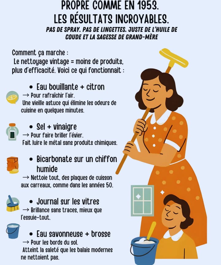 Nettoyer comme en 1953 : les astuces vintage qui fonctionnent encore aujourdhui 
 Pas de sprays chimiques, pas de lingettes jetables. Juste de lhuile de coude, la sagesse de grand-mère et des produits naturels !
 Eau bouillante  citron : parfume et rafraîchit lair en quelques minutes.
 Sel  vinaigre : fait briller lévier sans produits agressifs.
 Bicarbonate  chiffon humide : idéal pour carreaux, plaques et surfaces.
 Journal sur les vitres : brillance sans traces, mieux que lessuie-tout.
 Eau savonneuse  brosse : atteint les coins du sol que la serpillière ne nettoie pas.
 Nettoyage écolo, simple et efficace. Comme autrefois, mais toujours aussi actuel !