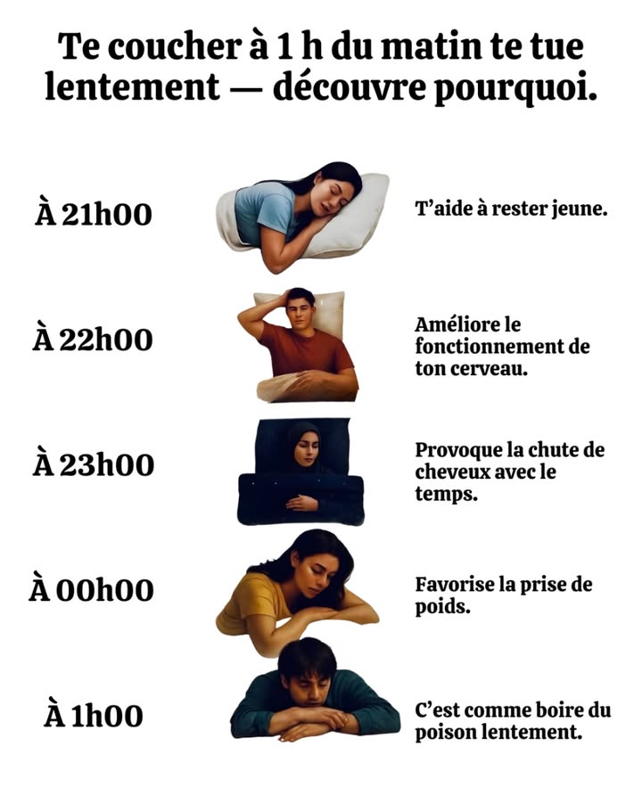 Lheure du coucher influence directement la santé 

Dormir tôt favorise léquilibre hormonal, la régénération cellulaire et le repos mental. Se coucher tard perturbe le métabolisme, lhumeur et la concentration.

 Se coucher à 21h00
Favorise la régénération et aide à préserver la jeunesse.

 Se coucher à 22h00
Stimule les fonctions cérébrales et améliore la mémoire.

 Se coucher à 23h00
Peut provoquer une chute de cheveux liée à un déséquilibre hormonal.

 Se coucher à minuit
Favorise la prise de poids et dérègle le métabolisme.

 Se coucher à 1h00
Affecte la fonction cellulaire et accélère le vieillissement.

 Un rythme de sommeil régulier et un coucher avant 23h00 permettent au corps de mieux se régénérer et de préserver une santé optimale.