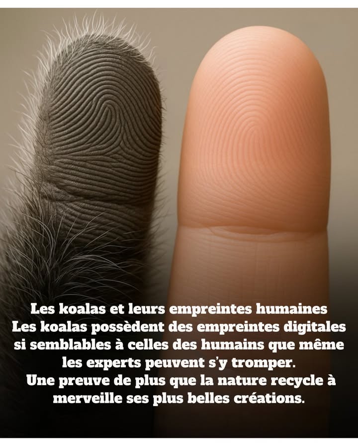 Les koalas et leurs empreintes humaines

Les koalas ont des empreintes digitales presque identiques à celles des humains, au point dêtre indiscernables au microscope.
Seuls parmi les marsupiaux, ils ont développé ces motifs pour mieux agripper les branches, illustrant lévolution convergente.
Cette précision extrême montre comment la nature perfectionne et répète ses créations à travers différentes espèces.