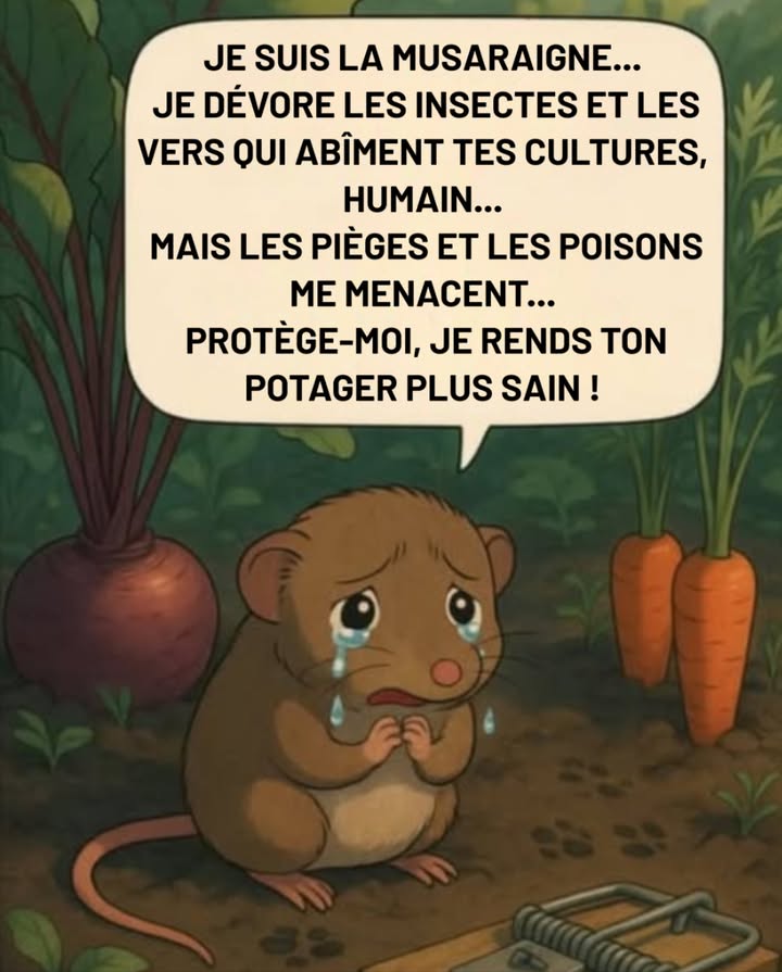 La musaraigne : ton alliée au potager 

Souvent confondue avec une souris et combattue par des pièges ou des poisons
En réalité, elle dévore les insectes et les vers qui abîment tes cultures.

 En la protégeant, tu obtiens un potager plus sain et équilibré, sans recours aux produits chimiques.
 Préserve la biodiversité, car la nature agit toujours en ta faveur.

#Musaraigne #PotagerSain #ProtègeLaBiodiversité
