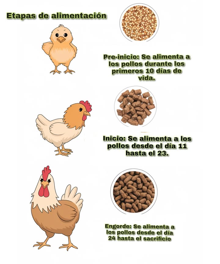 Etapas de alimentación para pollos de engorde 
Si quieres lograr pollos grandes y saludables en 45 días, es fundamental seguir las etapas de alimentación adecuadas. Aquí te explicamos cada una:

Etapa Preinicio Día 1-7 
Durante la primera semana, los pollitos necesitan un alimento altamente energético y rico en proteínas 22-24% para desarrollar un buen sistema digestivo e inmunológico. Proporciónales agua limpia y templada junto con alimento en pequeñas cantidades varias veces al día.

Etapa de Inicio Día 8-21 
En esta fase, los pollos necesitan una dieta con un 20-22% de proteína para fomentar el crecimiento muscular. Asegúrate de que el alimento sea de fácil digestión y complementa con vitaminas y minerales. Mantén siempre el agua fresca y limpia.

Etapa de Engorde o Crecimiento Día 22-35 
Aquí los pollos comienzan a ganar peso rápidamente. La proteína debe mantenerse en 18-20%, y el alimento debe incluir grasas saludables para mejorar la conversión alimenticia. En esta etapa, el consumo de agua aumenta considerablemente.

Etapa de Finalización Día 36-45 
Durante la última fase, los pollos deben recibir un alimento con menor contenido proteico 16-18% y más energía para mejorar la calidad de la carne. Es importante reducir el estrés y asegurar un ambiente limpio y cómodo.

Siguiendo estas etapas correctamente, conseguirás pollos grandes y saludables en solo 45 días. Una alimentación adecuada marca la diferencia!