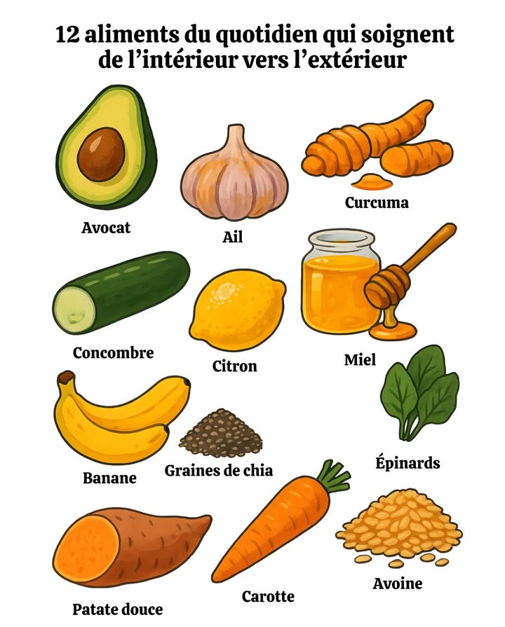 12 aliments du quotidien qui soignent de lintérieur vers lextérieur Simple. Délicieux. La médecine de la nature dans votre assiette 陋 Avocat Protège le cœur et apaise linflammation. 龍 Ail Bouclier naturel contre les rhumes et les infections. Curcuma Racine dorée pour des articulations fortes et moins de douleur. Miel Douceur apaisante pour la toux et la gorge irritée. 勒 Concombre Héros de lhydratation pour une peau éclatante. Citron Détox douce et aide à la digestion. Épinards Riches en fer pour lénergie et la vitalité. Patate douce Fibres vitamines = intestin heureux. Banane Apaise lestomac et remonte le moral . Graines de chia Minuscules mais puissantes , soutiennent le cœur et la digestion. 凌 Carotte Protège les yeux et la peau grâce aux antioxydants. Avoine Réduit le cholestérol et prolonge la satiété. Astuce bien-être : intégrez quelques-uns de ces aliments à votre alimentation quotidienne pour plus dénergie, des défenses renforcées et une santé éclatante.