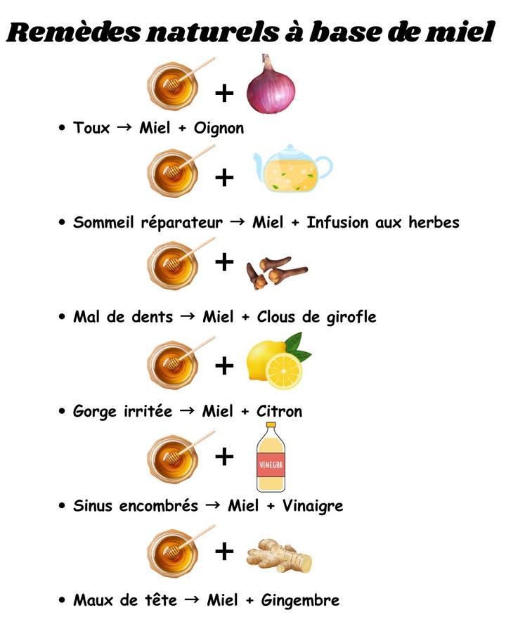 Remèdes naturels à base de miel 蠟 Toux Miel Oignon Sommeil réparateur Miel Infusion aux herbes 醴 Mal de dents Miel Clous de girofle Gorge irritée Miel Citron Sinus encombrés Miel Vinaigre 洛 Maux de tête Miel Gingembre Le miel nest pas seulement sucré : il apaise, désinfecte et agit comme un véritable cicatrisant naturel. Un allié précieux à garder toujours dans la cuisine.