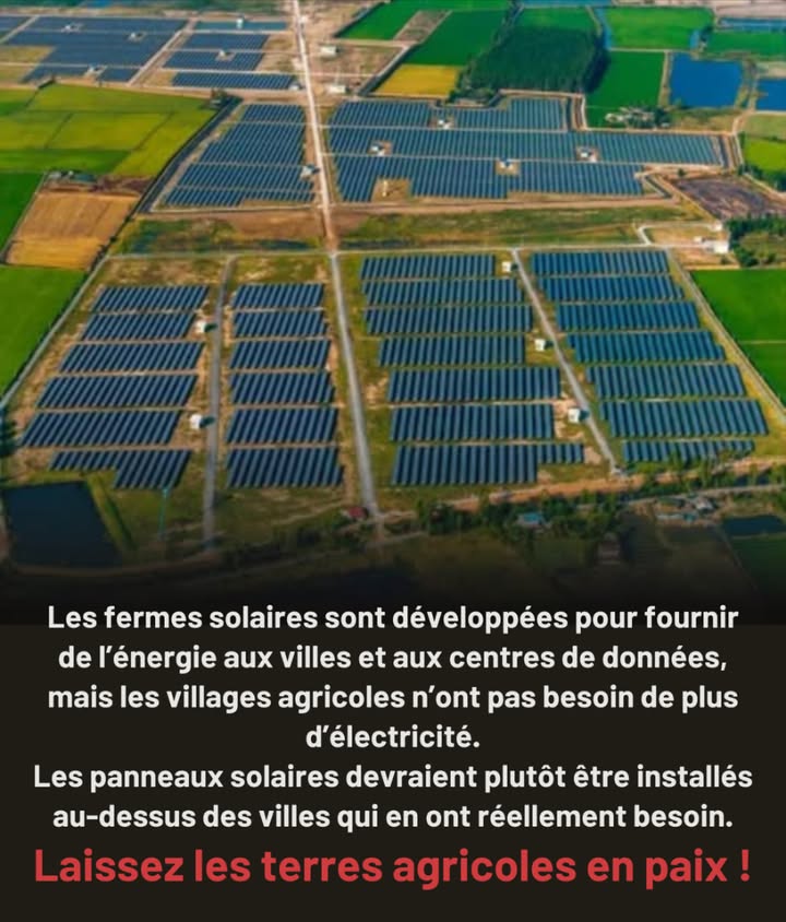 Lénergie propre est essentielle mais pas au détriment de notre production alimentaire. Les fermes solaires sont souvent construites sur des terres agricoles fertiles Cela remplace les cultures et fragilise les communautés rurales Les villages nont pas besoin dénormes excédents dénergie les villes et les centres de données, oui Les panneaux doivent être installés sur les toits, les parkings et les espaces urbains, pas sur les champs qui nous nourrissent Les énergies renouvelables doivent se développer, mais les terres agricoles doivent rester agricoles. Préservons-les. #fblifestyle