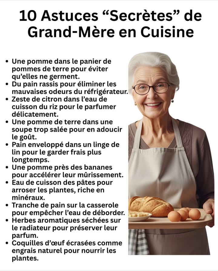 10 Astuces Secrètes de Grand-Mère en Cuisine 

 Glisser une pomme dans le panier de pommes de terre pour éviter quelles ne germent.
 Utiliser du pain rassis pour absorber les mauvaises odeurs du réfrigérateur.
 Ajouter un zeste de citron dans leau de cuisson du riz pour le rendre plus parfumé.
凜 Mettre une pomme de terre dans une soupe trop salée pour corriger le goût.
狀 Conserver le pain enveloppé dans un linge de lin pour le garder frais plus longtemps.
 Placer une pomme à côté des bananes pour accélérer leur mûrissement.
 Réutiliser leau de cuisson des pâtes pour arroser les plantes, riche en minéraux.
 Poser une tranche de pain sur la casserole pour éviter que leau ne déborde.
 Faire sécher les herbes aromatiques au-dessus du radiateur pour en préserver larôme.
讀 Écraser des coquilles dœuf et les utiliser comme engrais naturel au jardin.