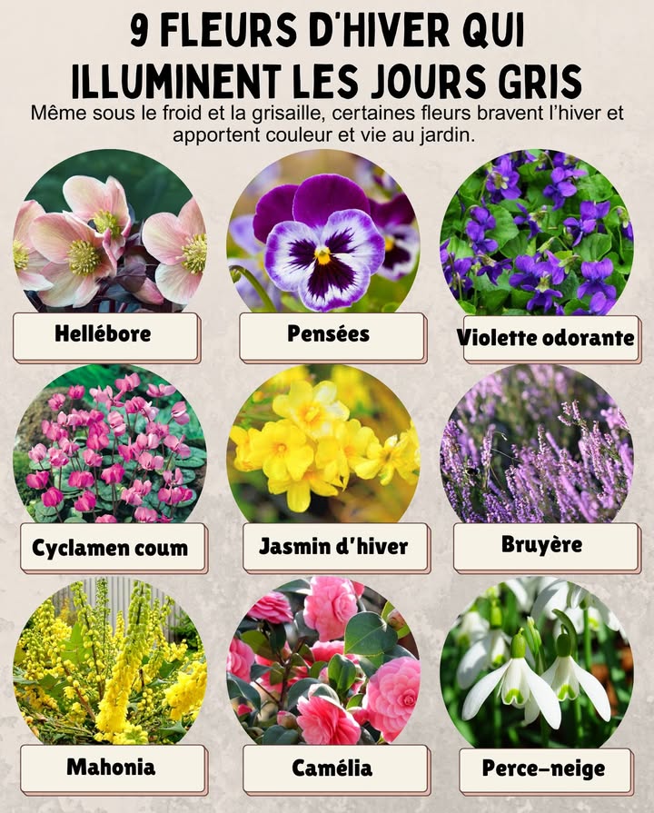 9 Fleurs dHiver qui Illuminent les Jours Gris 

Même sous le froid et la grisaille, certaines fleurs bravent lhiver et apportent couleur et vie au jardin. 

 1. Hellébore Rose de Noël  Fleurit dès décembre, même sous la neige.
 2. Pensées  Infatigables, elles fleurissent tout lhiver en pot ou en massif.
 3. Violette odorante  Délicate et parfumée, idéale pour les coins ombragés.
 4. Cyclamen coum  Petites fleurs roses ou blanches, parfaites pour les rocailles.
 5. Jasmin dhiver Jasminum nudiflorum  Ses fleurs jaunes illuminent les murs en janvier.
 6. Bruyère dhiver Erica carnea  Forme un tapis coloré du rose au pourpre.
 7. Mahonia  Grappes jaunes parfumées et feuillage décoratif.
 8. Camélia dhiver Camellia sasanqua  Élégantes fleurs roses ou blanches avant le printemps.
 9. Perce-neige  Les premières à percer la neige, symbole despérance.

 Astuce du jardinier : Regroupe-les près dun chemin ou dune fenêtre pour profiter de leurs couleurs même par temps gris.

#FleursDHiver #JardinColoré #BeautéNaturelle