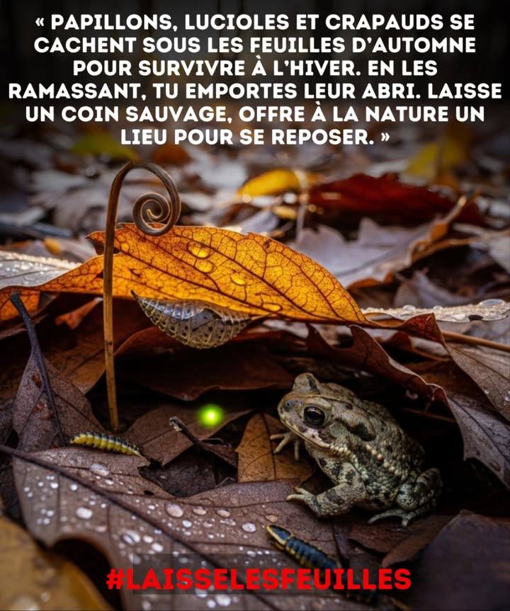 Sous les feuilles, la vie continue.
Cest là que les papillons passent lhiver, que les lucioles trouvent refuge, que les crapauds sabritent du froid.
Chaque feuille tombée devient un manteau protecteur, un nid, un écosystème miniature.

 Ne ratisse pas tout.
Laisse un coin du jardin sauvage : cest un geste simple qui sauve des vies invisibles mais essentielles à la nature.

#LaisseLesFeuilles