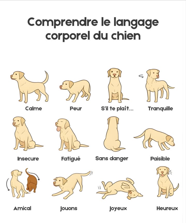 Comprendre le langage corporel du chien 
Observer les signaux corporels dun chien est essentiel pour renforcer le lien et assurer son bien-être.
 Sa posture, sa queue, ses oreilles et son expression faciale révèlent ses émotions et ses intentions.
Un chien attentif garde la queue haute et les oreilles dressées.
Un chien apeuré se recroqueville et baisse la tête.
Un chien détendu présente des mouvements souples et calmes.
Et un chien heureux remue la queue et adopte une posture ouverte et joueuse.
 Comprendre ces gestes permet dagir avec respect et empathie, en favorisant la confiance et la sécurité mutuelles.
#LangageCanin #ChienHeureux #OreillesDressées