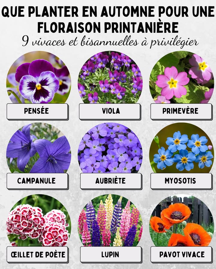 9 vivaces et bisannuelles à semer ou planter en automne 

Lautomne est une saison propice pour installer les vivaces et bisannuelles qui sépanouiront dès le printemps. Le sol encore tiède favorise lenracinement, assurant une floraison abondante et durable.

 9 vivaces et bisannuelles à privilégier
  Pensée  résiste au froid et fleurit dès la fin de lhiver
  Viola  petite fleur délicate aux teintes variées
  Primevère  éclaire les massifs dès mars
  Campanule  idéale pour rocailles et bordures
  Aubriète  couvre-sol coloré qui annonce le printemps
  Myosotis  charme champêtre, compagnon des tulipes
  Œillet de poète Dianthus barbatus  floraison parfumée et généreuse
  Lupin  fleurs en épis spectaculaires, attire les pollinisateurs
  Pavot vivace  grandes fleurs lumineuses, rustiques et résistantes

 Conseil pratique :
Planter dans un sol bien ameubli et légèrement humide. Ajouter un peu de compost pour stimuler la reprise avant lhiver.

 Des plantations dautomne bien pensées offrent un jardin éclatant, vivant et coloré dès les premiers jours du printemps.