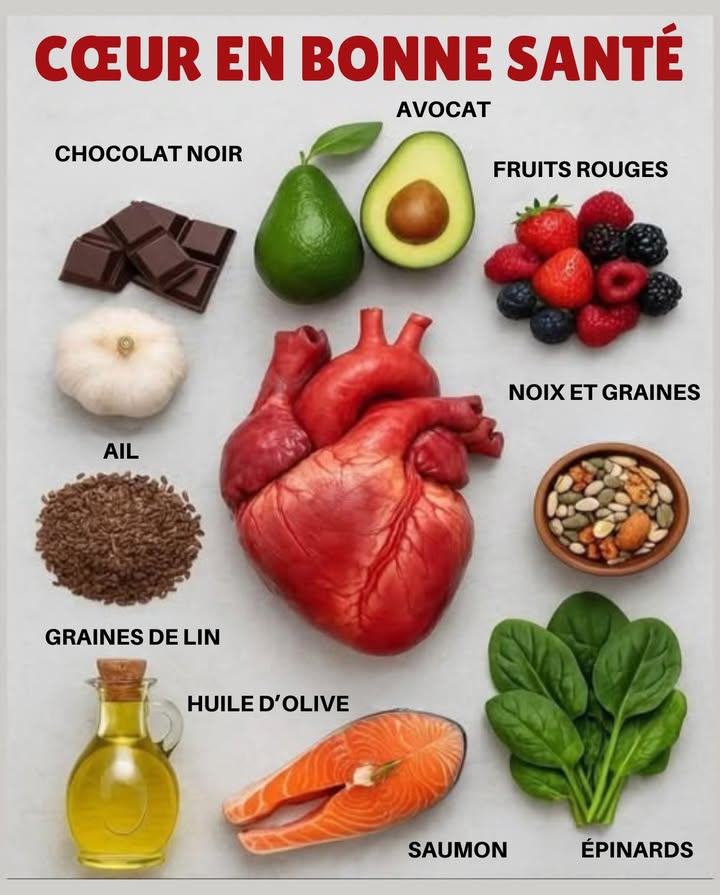 Aliments pour un cœur en bonne santé

 Chocolat noir  Source dantioxydants puissants qui favorisent la circulation et réduisent la tension artérielle.

陋 Avocat  Riche en graisses saines, il soutient la santé du cœur et contribue à diminuer le cholestérol nocif.

 Fruits rouges  Gorgés de vitamines, de fibres et dantioxydants, ils aident à combattre linflammation.

龍 Ail  Stimule la circulation sanguine et aide à réguler naturellement la pression artérielle.

 Noix et graines  Excellentes sources doméga-3, de fibres et de protéines bénéfiques pour le cœur.

 Graines de lin  Très riches en oméga-3, elles participent à la réduction du cholestérol et à léquilibre cardiovasculaire.

㮝 Huile dolive  Graisse saine qui protège les artères et soutient un système cardiovasculaire harmonieux.

 Saumon  Apporte des oméga-3 essentiels pour prévenir les troubles cardiaques et maintenir un rythme sain.

 Épinards  Contiennent du potassium, du folate et du magnésium qui favorisent une tension artérielle stable et un cœur fort.