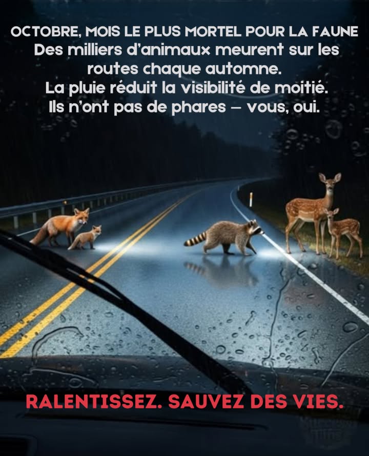 Il est facile doublier, lors dune nuit pluvieuse : vous voyez la route, mais les animaux non.
Dans lobscurité et la bruine, la faune est en mouvement :
歷 Saison des amours pour les cerfs = comportement imprévisible
劣 Ratons laveurs en quête de nourriture avant lhiver
力 Renards apprenant à leurs petits à chasser
令 Moufettes cherchant un abri
 Écureuils faisant des réserves

OCTOBRE = MOIS LE PLUS MORTEL
 Des milliers danimaux tués rien quen automne
 La pluie les rend invisibles
 Votre visibilité chute de 50 %
 Les routes mouillées allongent la distance de freinage

RALENTISSEZ. SAUVEZ DES VIES.
 Réduisez votre vitesse de 1525 km/h sous la pluie
 Surveillez constamment les bords de la route
 Utilisez les pleins phares quand cest sécuritaire
 Si vous voyez un animal, attendez-vous à en voir dautres
 Freinez fermement, sans donner de coup de volant

Ils ne comprennent pas les phares.
Ils ne connaissent que la peur.