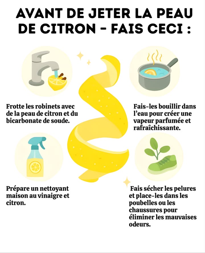 5 usages malins des pelures de citron 

1 Faire briller les robinets  frotter avec de la peau de citron et du bicarbonate de soude.
2 Parfumer la maison  faire bouillir les pelures dans leau pour une vapeur fraîche et citronnée.
3 Nettoyant maison  mélanger vinaigre et citron pour désinfecter naturellement.
4 Éliminer les mauvaises odeurs  faire sécher les pelures et les placer dans les poubelles.
5 Rafraîchir les chaussures  glisser des pelures séchées à lintérieur pour absorber lhumidité.

Un geste simple et écologique pour un intérieur frais et lumineux.