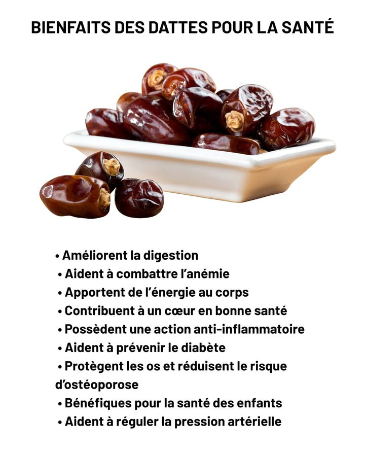 Bienfaits des dattes pour la santé 

 Améliorent la digestion
 Aident à combattre lanémie
 Apportent une énergie durable

 Contribuent à un cœur en bonne santé
 Possèdent une forte action anti-inflammatoire
 Soutiennent la prévention du diabète

領 Protègent les os et réduisent le risque dostéoporose
 Bénéfiques pour la croissance et la santé des enfants
 Aident à réguler la pression artérielle

Un fruit naturel, nourrissant et complet pour renforcer le bien-être au quotidien.