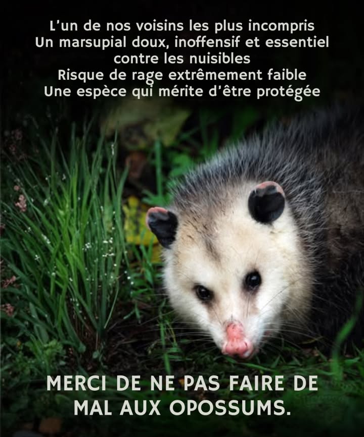 Les opossums sont de discrets alliés de la nature !
 Ils consomment des milliers de tiques et dinsectes.
 Doux et souvent incompris, ils attrapent très rarement la rage.
 Ils contribuent à garder nos jardins et terrains plus sains.

Quand vous en voyez un, il ne fait quexplorer  comme un voisin timide accomplissant un rôle essentiel pour lécosystème.
Les comprendre, cest créer un environnement plus doux et plus sûr pour tous.