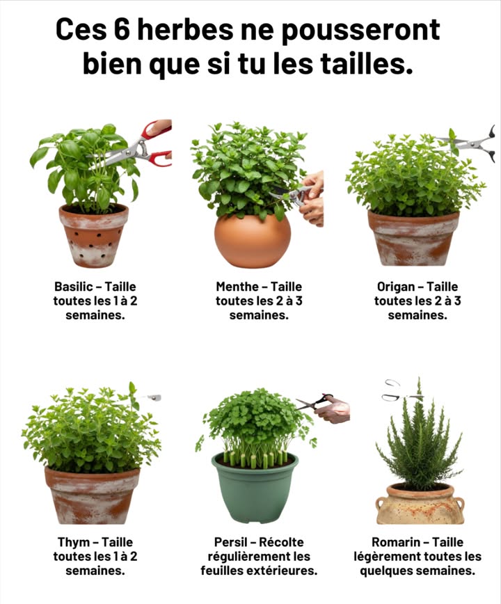 Taillez Ces 6 Herbes pour une Croissance Réussie ! 

1 Basilic  Taillez toutes les 1 à 2 semaines pour renforcer la saveur.
2 Menthe  Taillez toutes les 2 à 3 semaines pour garder un arôme intense.
3 Origan  Taillez toutes les 2 à 3 semaines pour un port dense et vigoureux.
4 Thym  Taillez toutes les 4 à 6 semaines après la floraison.
5 Persil  Récoltez les feuilles extérieures pour favoriser la repousse continue.
6 Romarin  Faites une taille légère toutes les quelques semaines pour le garder compact.

 Une taille régulière garde vos herbes saines, parfumées et savoureuses toute lannée.