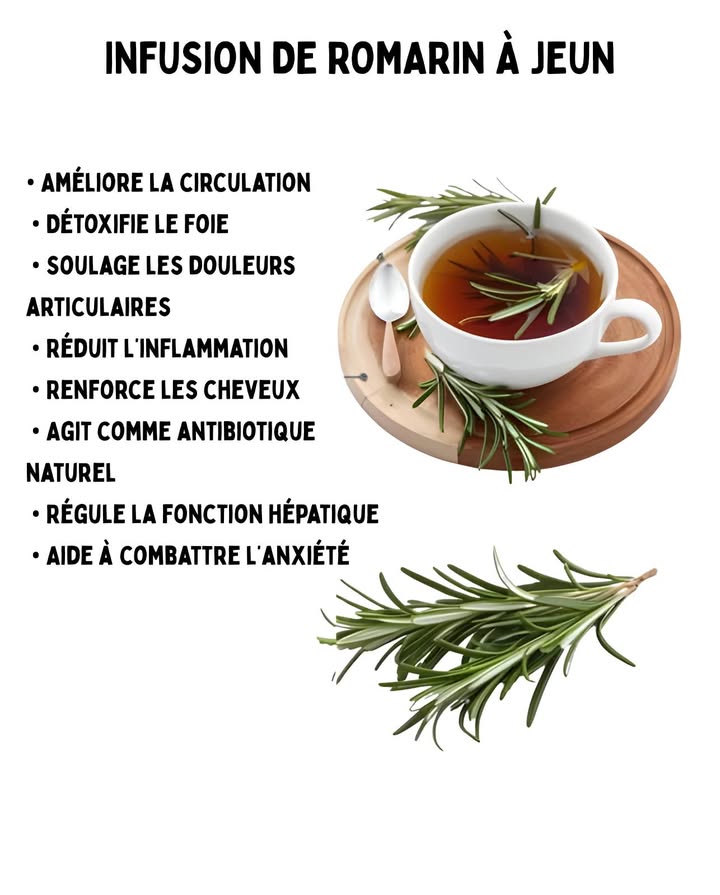 Faire bouillir une tasse deau puis ajouter une cuillère à café de romarin.
Laisser frémir une minute, éteindre le feu et laisser infuser 5 minutes.
Ajouter un filet de miel et cest prêt à déguster.