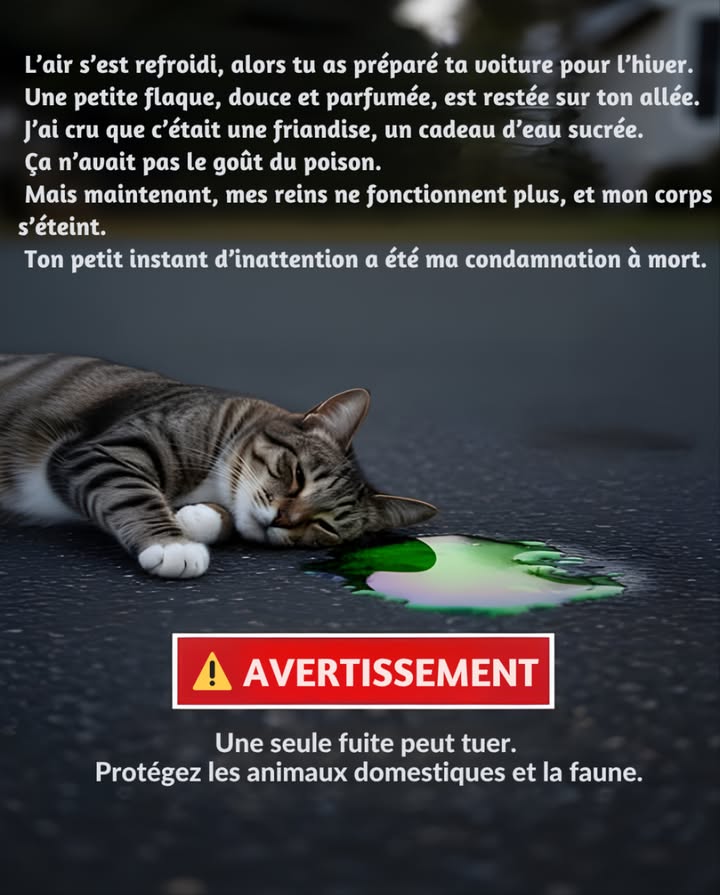 Un Danger Caché pour les Animaux

Léthylène glycol, principal composant du liquide antigel, a un goût sucré très attirant pour les animaux.
Selon la Humane Society et les organisations vétérinaires, même une infime quantité est mortelle, provoquant une insuffisance rénale aiguë.

 Une simple goutte peut tuer. Protégez vos animaux et la faune sauvage.